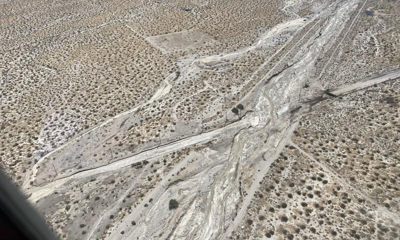 Aerial view of a desert damaged by Tropical Storm Hilary