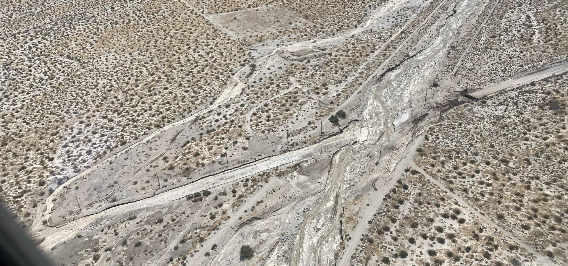 Aerial view of a desert damaged by Tropical Storm Hilary